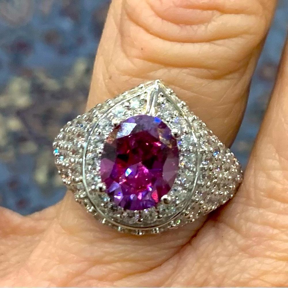 Fancy purple and white cz ring . Size 7 , Rhodium over silver . 4.58 dew